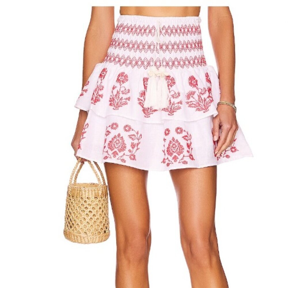 Revolve Milly Red & White 'Estee' Cross Stitch Embroidered Skirt - Size 10
